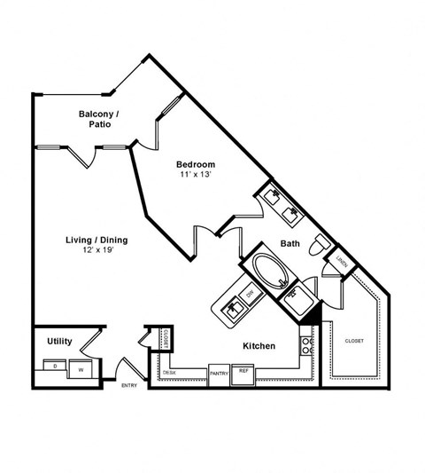 Floor plan for 1 bed, 1 bath, 903 sqft